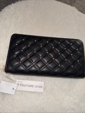 Couture Gems Quilted Black Zip-Around Wallet with Gold Studs